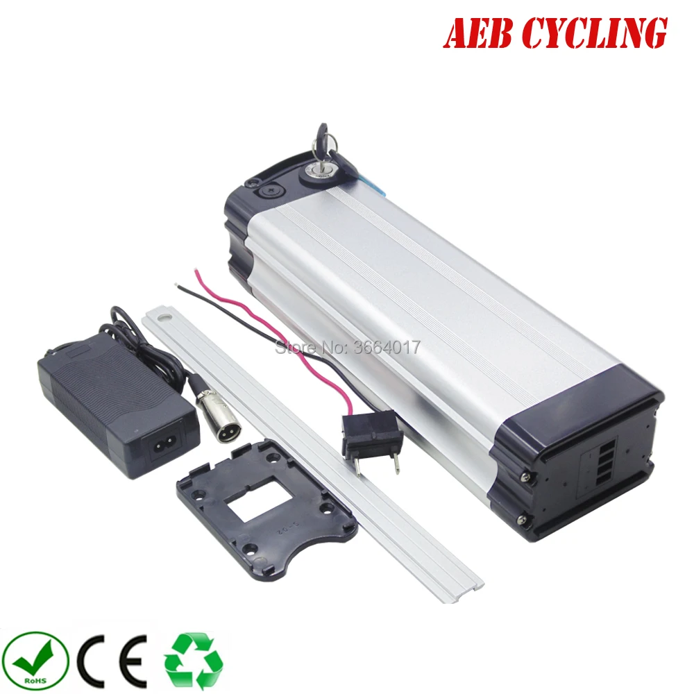 Discount EU US free shipping and taxes aluminum silver case 18650 36V 24Ah Li-ion ebike battery pack silver fish 250W-500W electric bike 0