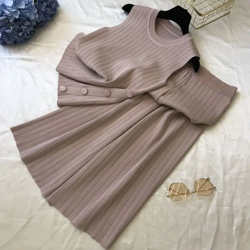 

Oshangchaopin Women O-Neck Sleeveless Knitted Tops+Wide Leg Pants Sets Summer Knit Vest Trousers Clothing Suits For Female Woman