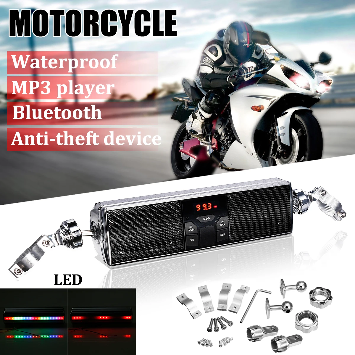 

Motorcycle Universal bluetooth MP3 Music LED Player Speakers Motorbike bluetooth Stereo Speaker FM Radio Waterproof Audio Player