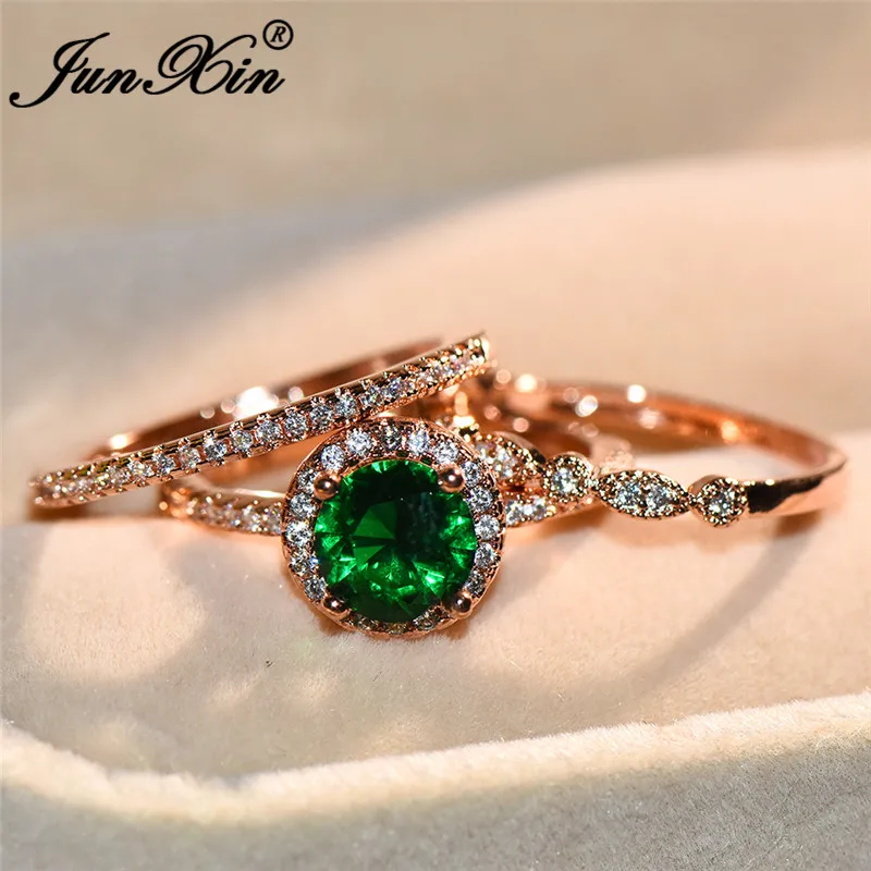 

JUNXIN Vintage Green Zircon Engagement Ring Set Trendy Stacking Wedding Rings For Women Luxury Rose Gold Filled Jewelry