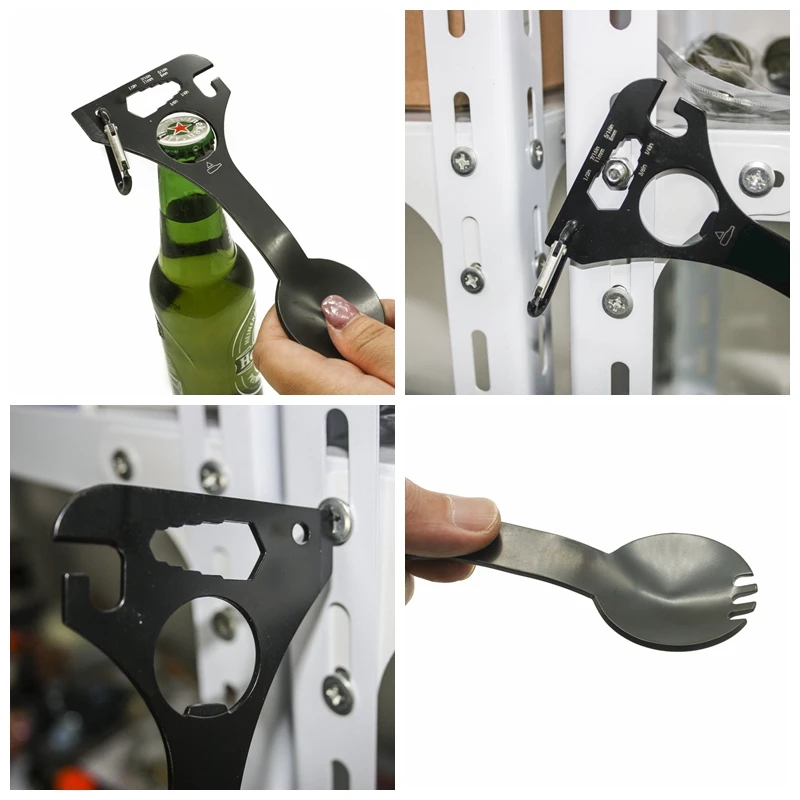 Al aire libre de acero inoxidable de Multi función EDC llave hexagonal abrelatas de botella mosquetón cuchara tenedor Camping Picnic vajilla táctico Spork