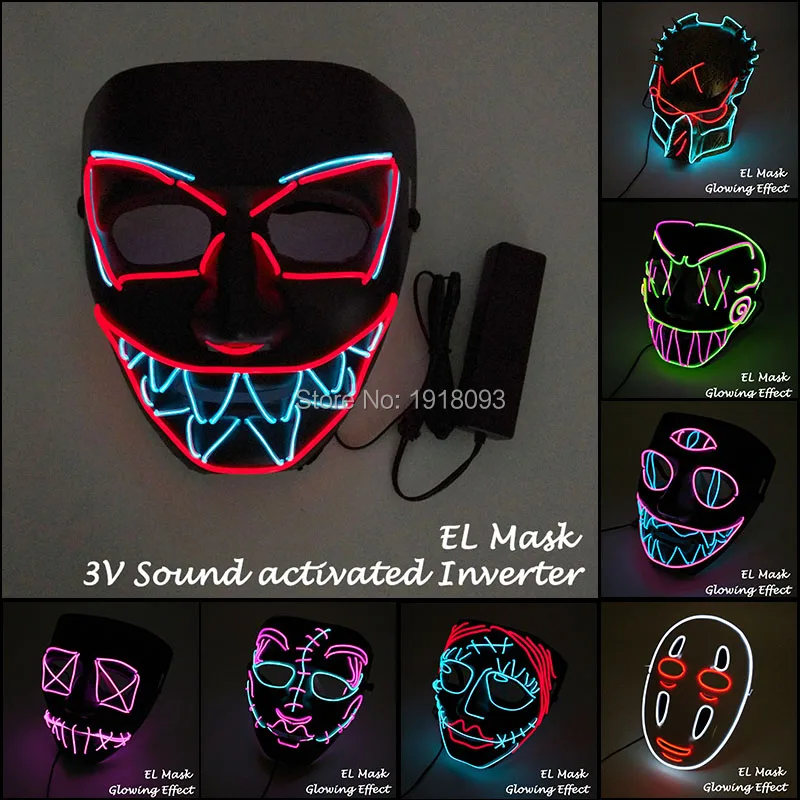 Новейшая EL Wire мигающая маска светящаяся танцевальная Карнавальная вечерние маска Ужас Светодиодная лента маска со звуком активированный драйвер