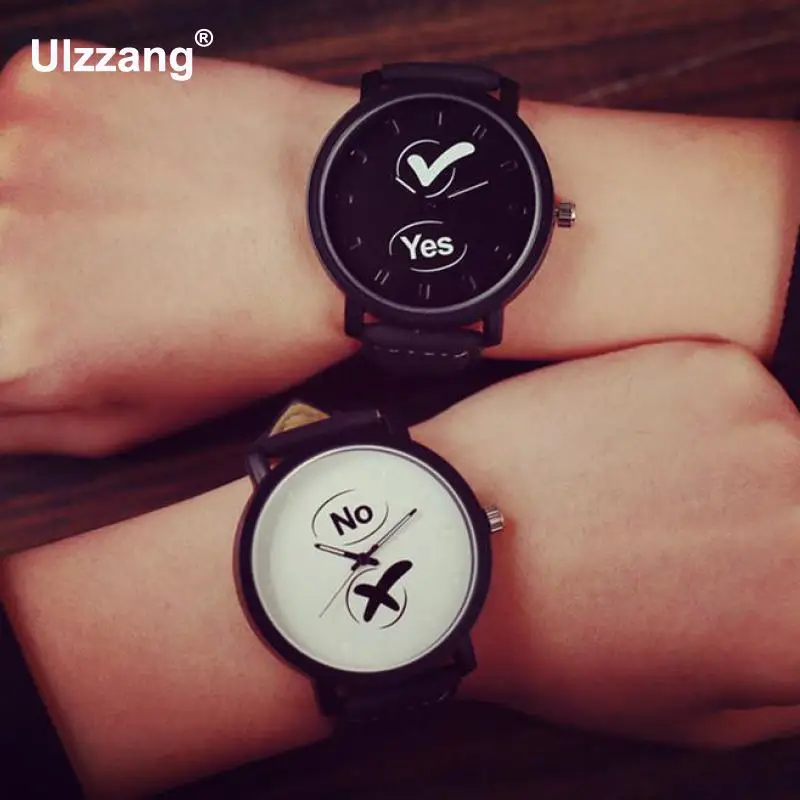 

Fashion Casual YES and NO Black Leather Shockproof Quartz Watch Wristwatch for Women Men Students Young