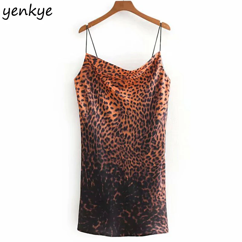 

2019 Women Vintage Animal Print Short Dress Lady Draped Neckline Spaghetti Straps Mini Summer Sexy Dress CCWM8987