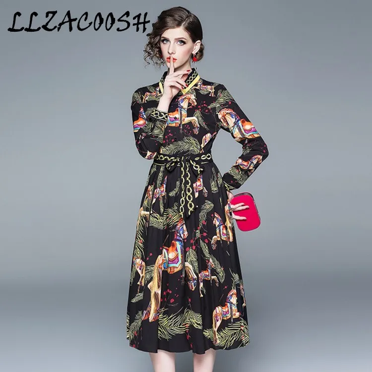 

Runway Dresses 2019 High Quality Vintage Animal Print Party Dresses Designer Long sleeve Dress Vestidps Robe Femme