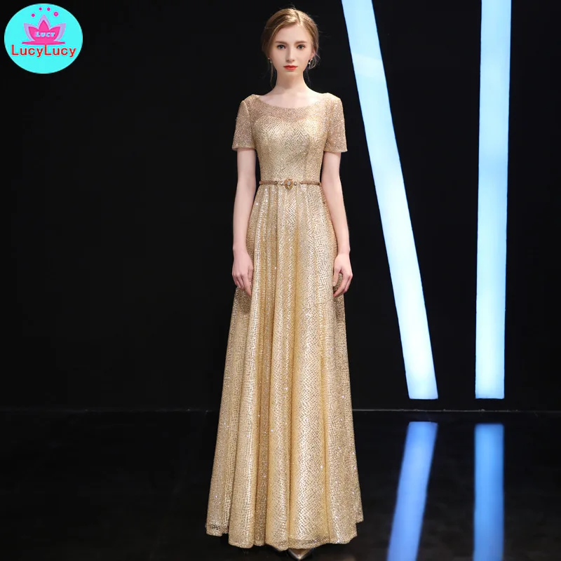 

Gold Sequins Women's Long 2019 New Host Party Party Annual Meeting Dresses O-Neck Knee-Length