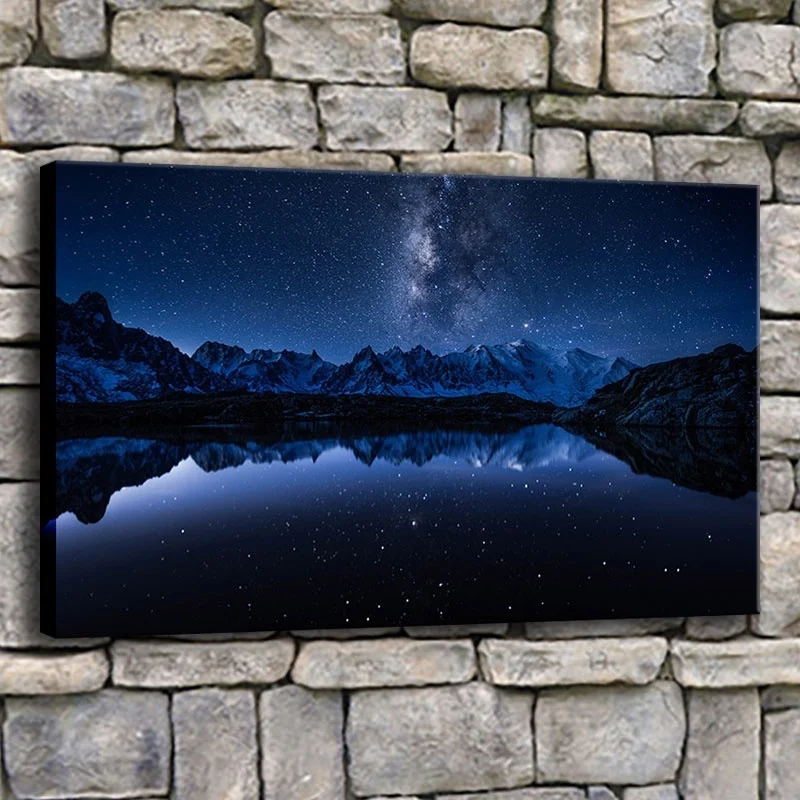 Aurora Night View Milky Way Mountains Lake Painting 1 Panel Landscape Picture On Canvas Print And The Wall Decorative Artwork | Дом и сад