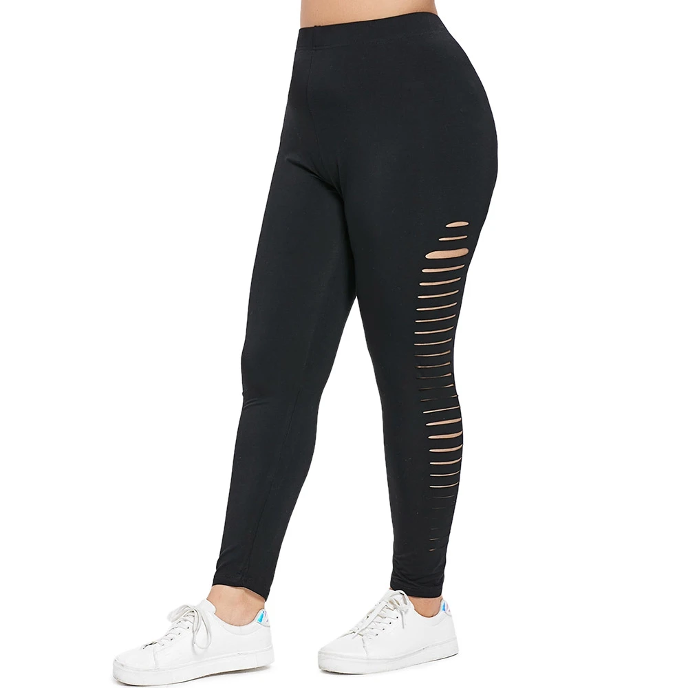 

Fashion Side Skinny Distressed Plus Size Leggings High Waist Elastic Waist Solid Pattern Pencil Pants Female Clothing Big Size