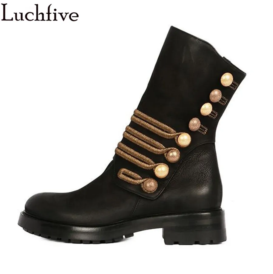 

Winter Ankle Boots button nubuck leather martin mid calf boots platform heel embroidery Motorcycle casual short boots Women