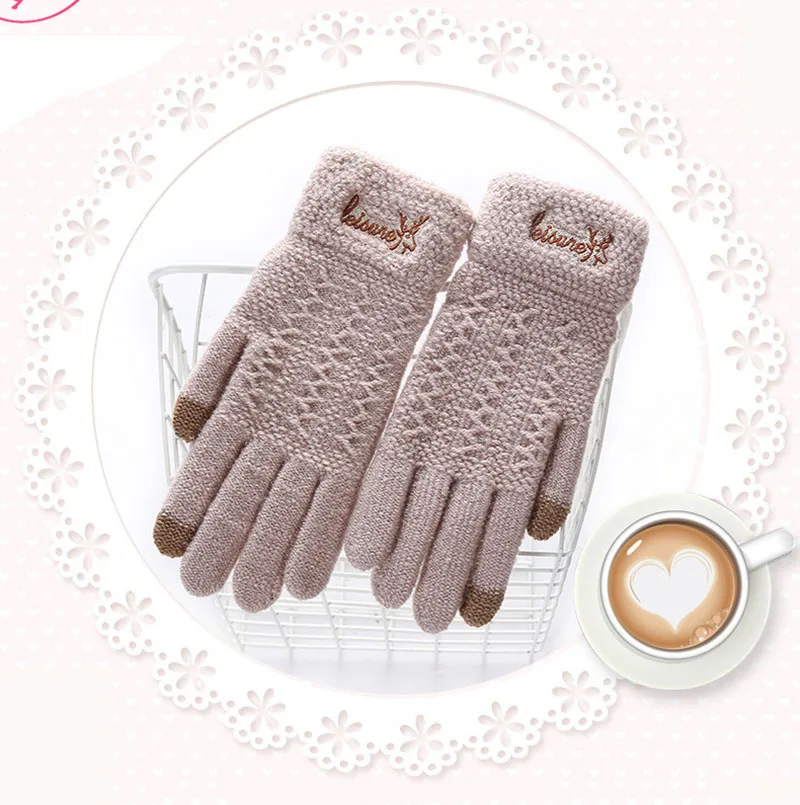 Женские модные зимние теплые милые Мультяшные вязаные перчатки для сенсорного экрана, женские мягкие Митенки на весь палец, черные перчатки 18F