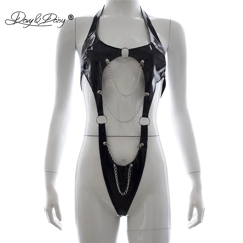 

DAVYDAISY Women Sexy Bodysuits Metal Chain PU Leather Backless Wetlook Catsuits Sexy Lingerie Teddies Sexy Costumes TE520