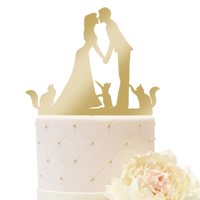 Свадебный Топпер для торта невесты и жениха с 3 кошками блестящая помолвка юбилей персонализированные кошки торты вечерние украшения - Цвет: Gold Mirror