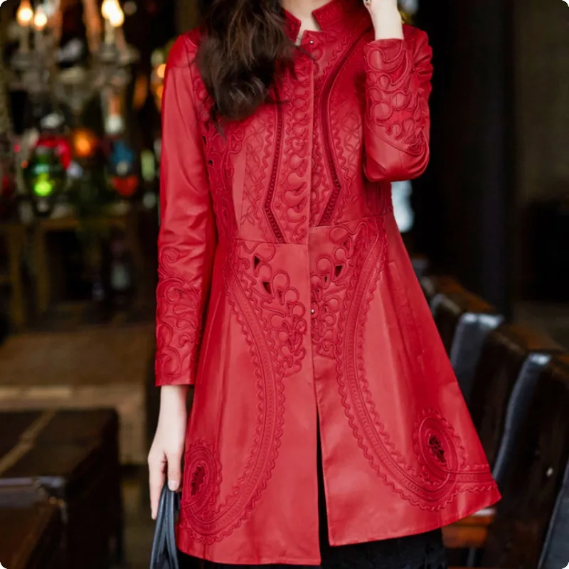 

Red Dress Clothing Embroidery Slim Fit Womens Genuine Leather Dress Female Trench Dresses Long Sleeve Sheepskin Coats Outwear