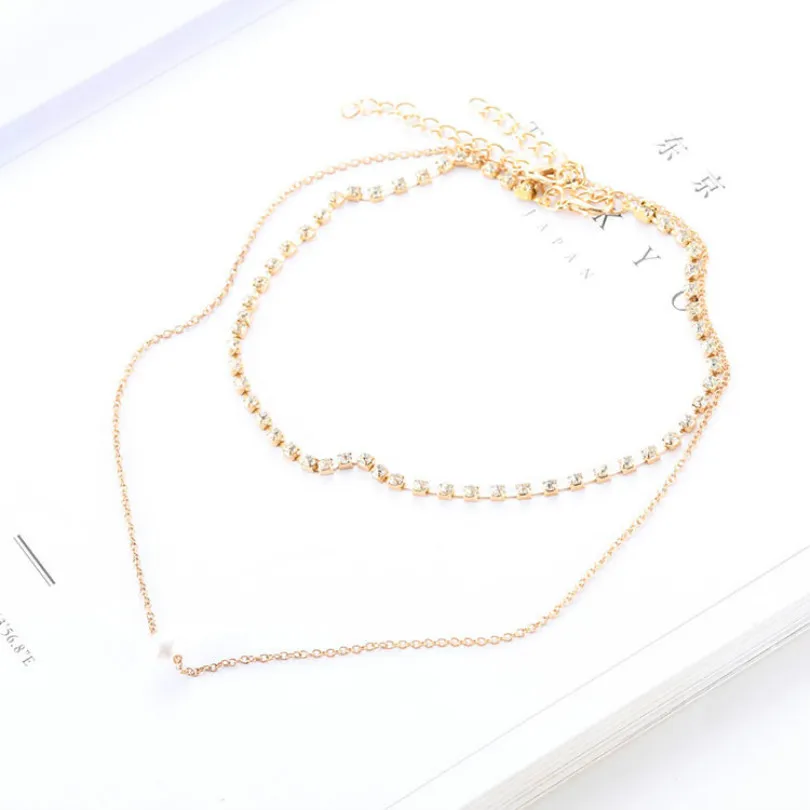 

New Fashion Jewelry Elegant Statement Necklace Simple Pearl Crystal Necklace Bohemian Multilayer Female Necklace