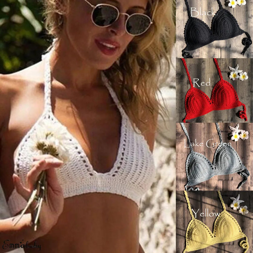 

Women Summer Sexy Bikini Backless Crochet Halter Knit Beach Solid Color Micro Summer Hot Female Bra CropTop NEW