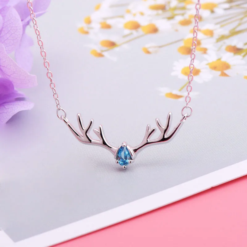 

QA328 Christmas Pendants Women Fashion Choker White Blue Deer Necklace Jewelry Long Chain Sterling Silver 925 Necklace