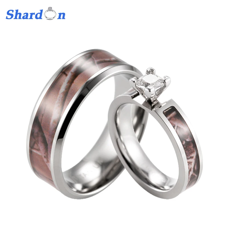 

SHARDON Realtree Camo Engagement Wedding Ring Set Titanium 4 Prong Setting CZ Engagement Ring with Men's Wedding Band-2pcs