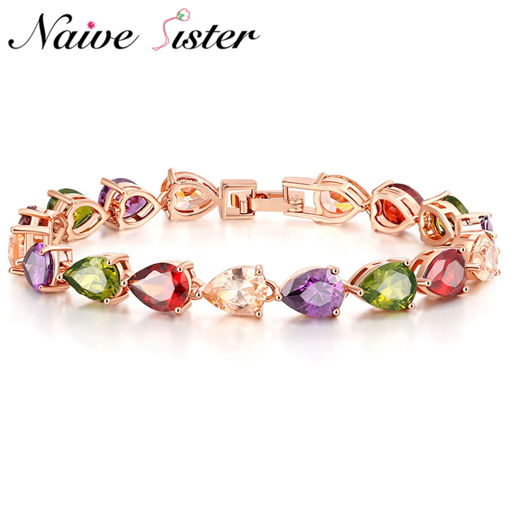 

Trendy Mona Lisa Bracelet Rose Gold Color Multicolor Water Drop Shape AAA Cubic Zirconia Bracelets For Women Lady Girl Jewelry