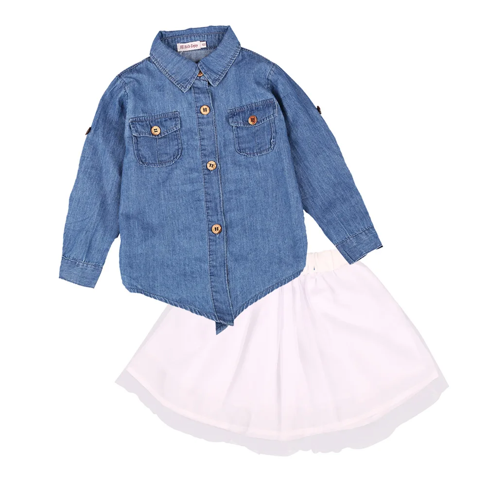 

2PCS Girls Summer Clothes Sets New Fashion Long Sleeve Jeans Shirts +white Skirt Spring Autumn Girls Outfit Kids Girls Clothing