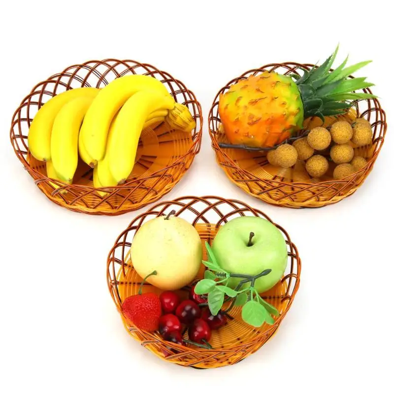 

Simulation Rattan Weaving Basket Snack Organizer Round Fruit Hollow Storage Box