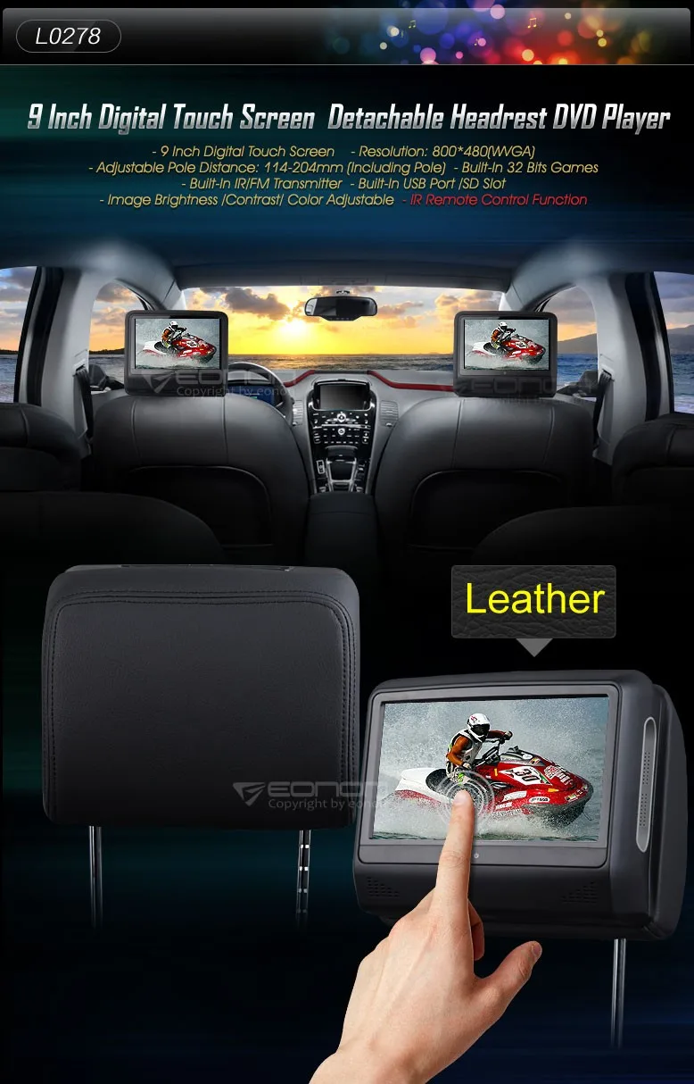 Sale Eonon Black 2x9" Digital Touch Screen Detachable car  Headrest DVD player Game USB/SD IR/FM transmitter car monitor 0