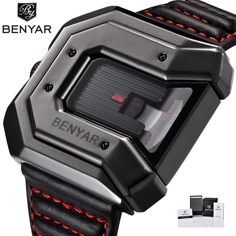 

Top Luxury Brand BENYAR Leather Strap Men's Watches Sports Square Men Quartz watch Clock Military Wrsit Watch Relogio masculino