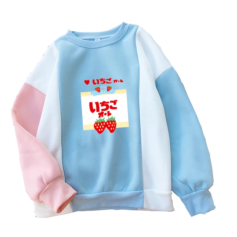  Women Hoodies Autumn Winter Harajuku Kpop Patchwork Contrast Color Strawberry Kawaii Sweatshirt Jap