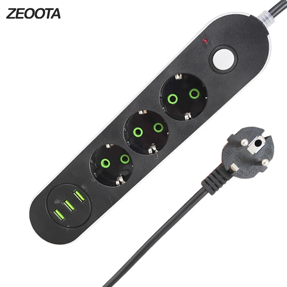 

USB Power Strip Surge Protector 3 EU Outlet Plug Socket with 3 USB Charging Ports and 2m/6.5Ft Extension Cord for Phone Camera