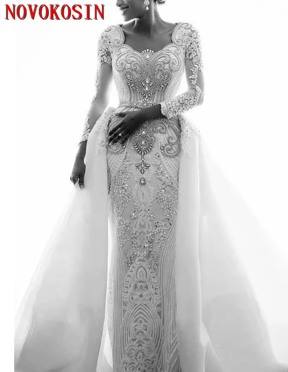 Настоящий образец Бисероплетение африканские кружевные свадебные платья кристаллы роскошный длинный рукава, платье-футляр съемные Свадебные платья на прокат