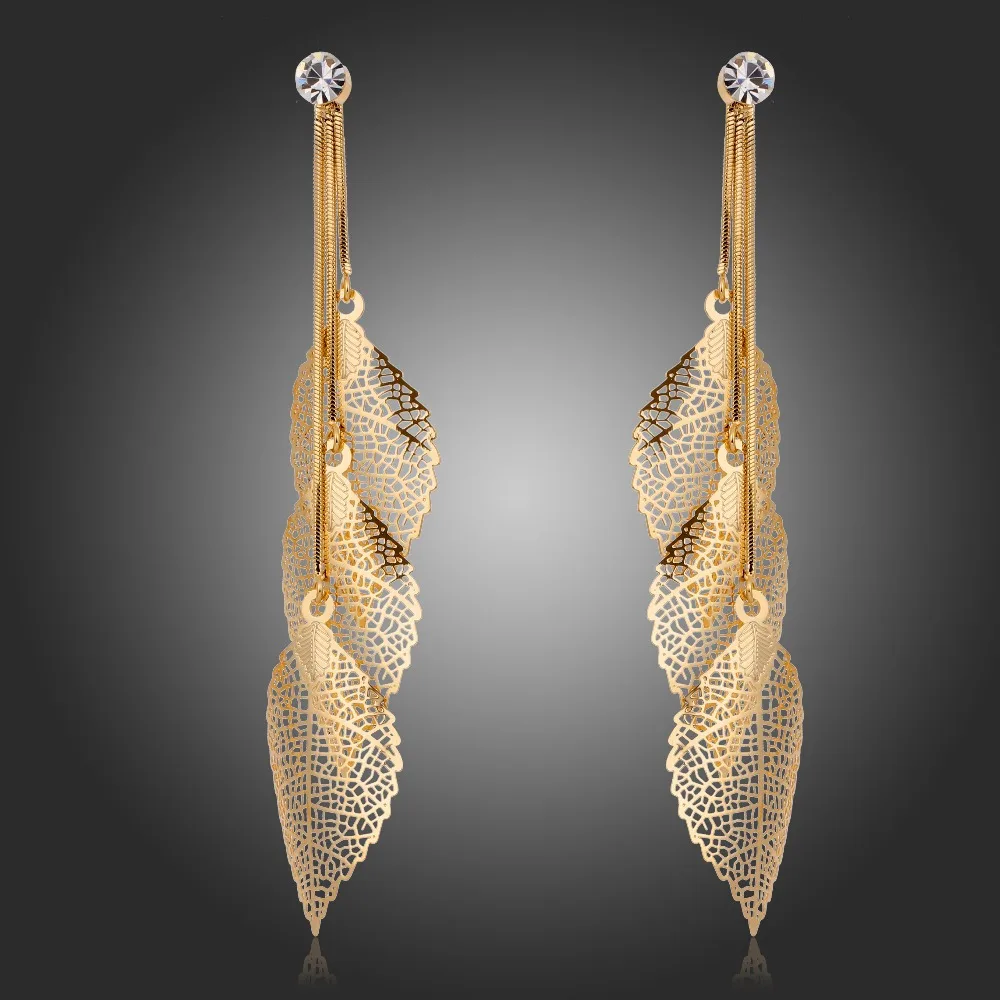 Gold Color Snake Chain Filigree Tripe Leaves Crystal Leaf Drop Gold Color Snake Chain Filigree Tripe Leaves Crystal Leaf Drop Dangle Long Earrings For Women Jewelry Colgantes Aros Aretes In From