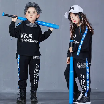 

Hip-hop jazz dance suit autumn models new children's two-piece hip-hop clothing loose long-sleeved black boy costume tide