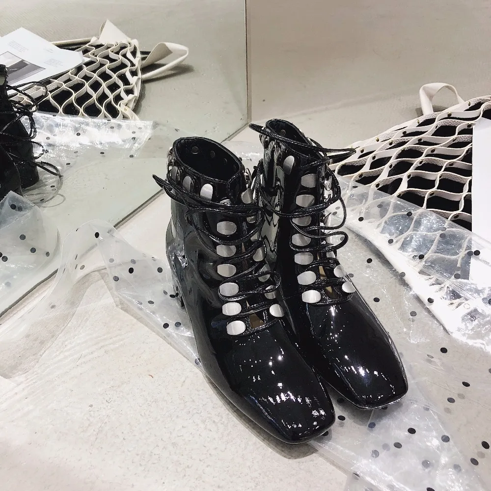 

Woman Boots Black Ankle Boots Patent Leather Front Lace Up Shoes Med Heel Short Booties Square Toe Brand Runway Super Star Shoes