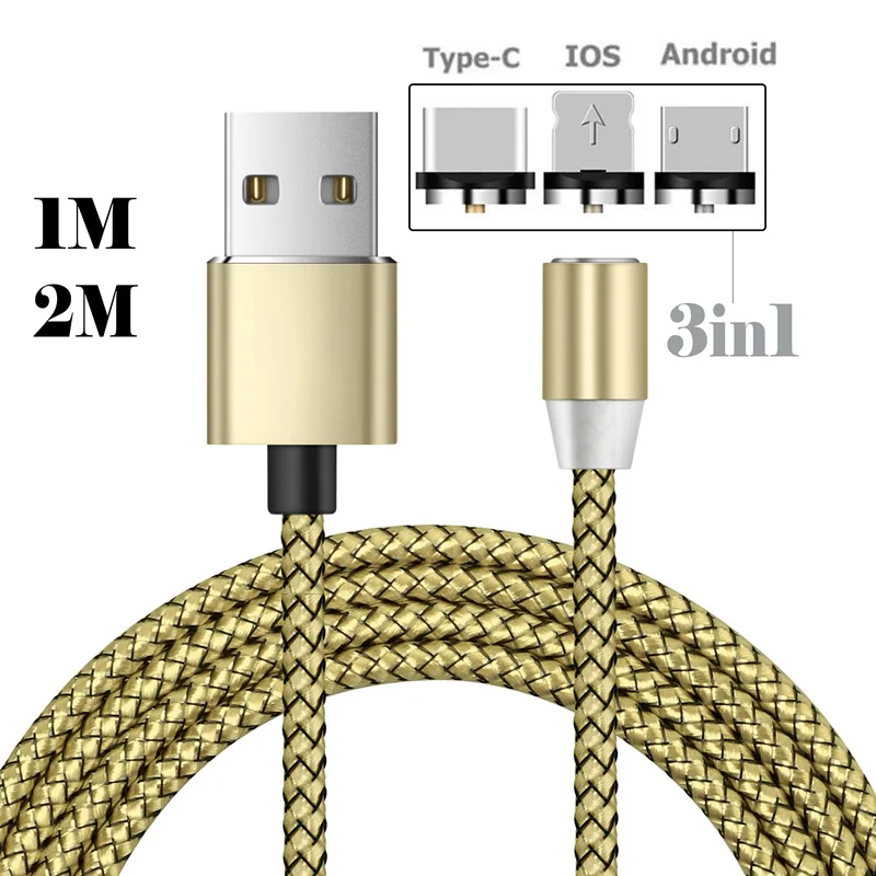 1 M 2 M 3IN1 360 Круглый Магнитная застёжка Micro USB/Тип-C/IOS круглые быстрой зарядки Зарядное устройство кабель для передачи данных для iPhone 8 7 samsung S8 Plus Android - Цвет: Gold