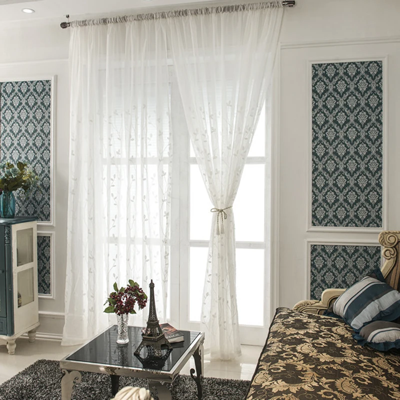 

Embroidery Floral Feather Tulle Blackout Curtains for Bedroom Living Room Window Curtain Panel White Mesh Cortina