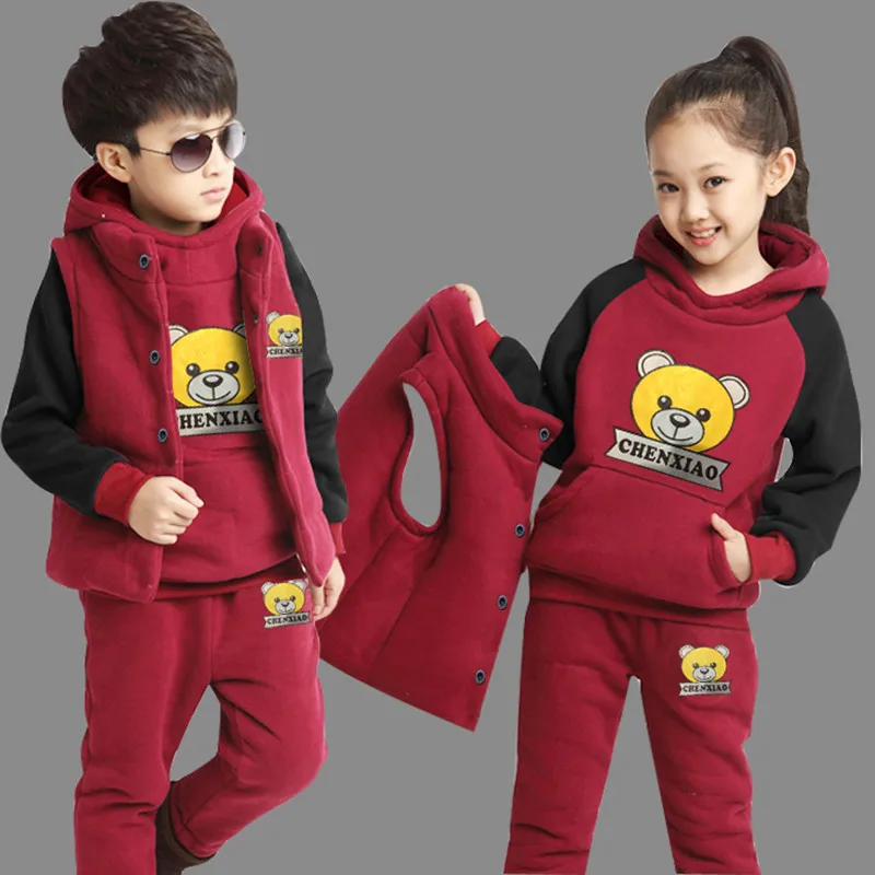 Комплект одежды для девочек и мальчиков, осенне-зимние толстовки с капюшоном+ жилеты+ детские штаны детский спортивный костюм из 3 предметов комплекты одежды для девочек костюмы с пальто с капюшоном - Цвет: Красный