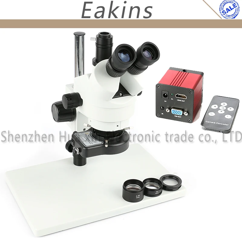 

Trinocular Stereo Microscope 7X-45X Continuous Zoom Magnification 1080P Video Camera VGA HDMI+144 Light+0.5/2X Objective Lens