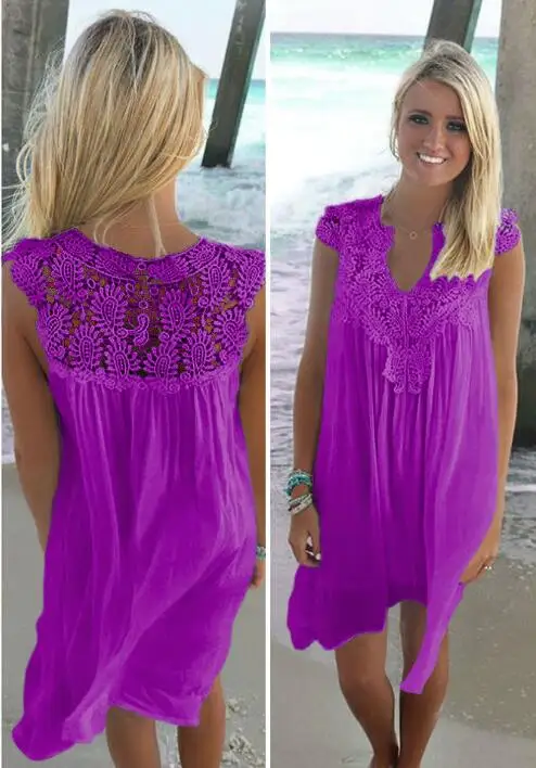 Sexy V шеи без рукавов шифоновое платье кружева лоскутное женщины летнее пляжное платье белый богемный плюс размер свободные платья сарафан - Цвет: Фиолетовый