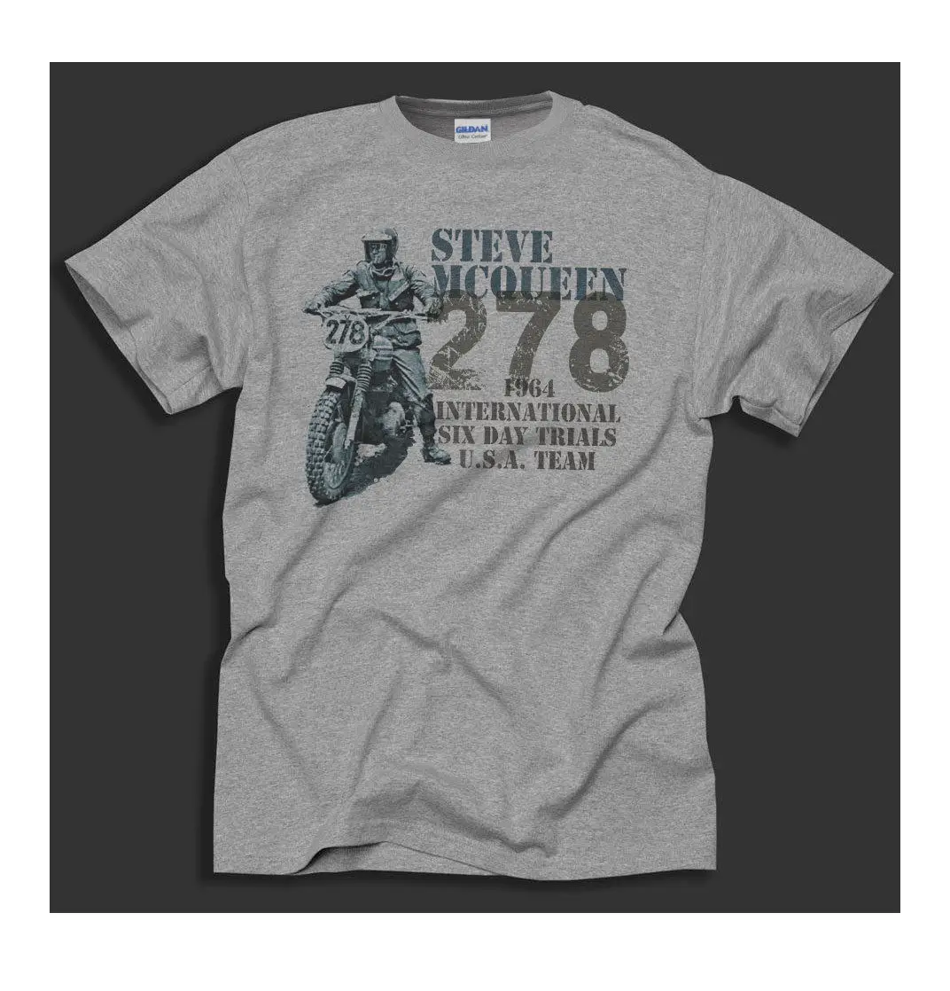 

King of Cool Biker Steve McQueen Trial Bike Design 1964 Sport Grey T-Shirt jacket croatia leather tshirt denim clothescamiseta