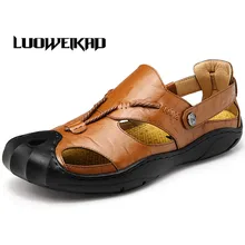 Men’s Sandals Male Summer Casual Shoes Adult Solid Genuine Leather Sandals Men’s Rubber Shoes Breathable Fashion Slip-on 38-44