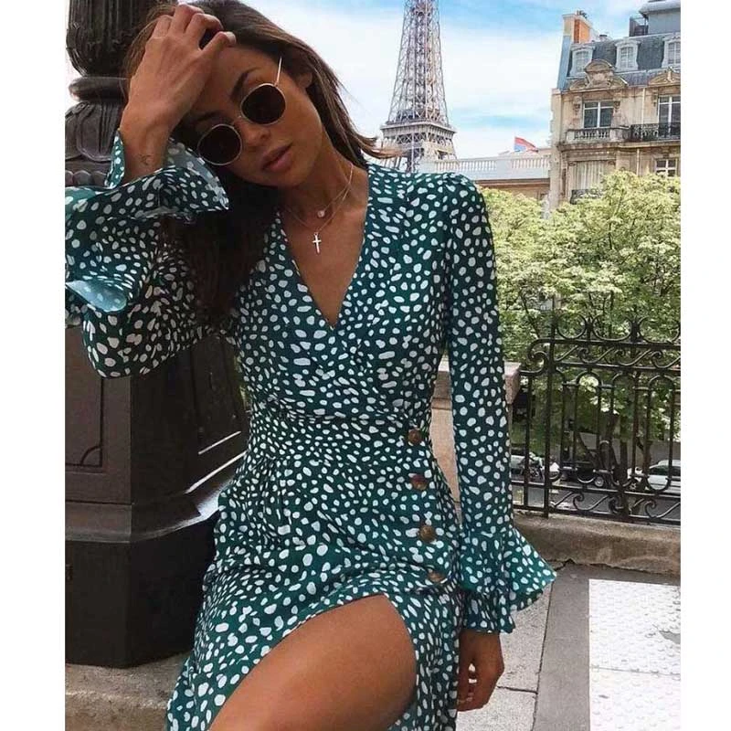 Boho Inspire Emeraude Spot Longue Robe Cintree Taille Gros Boutons Wrap Printemps Ete Robe Manches Evasees Col En V Chic Robe Femmes Aliexpress