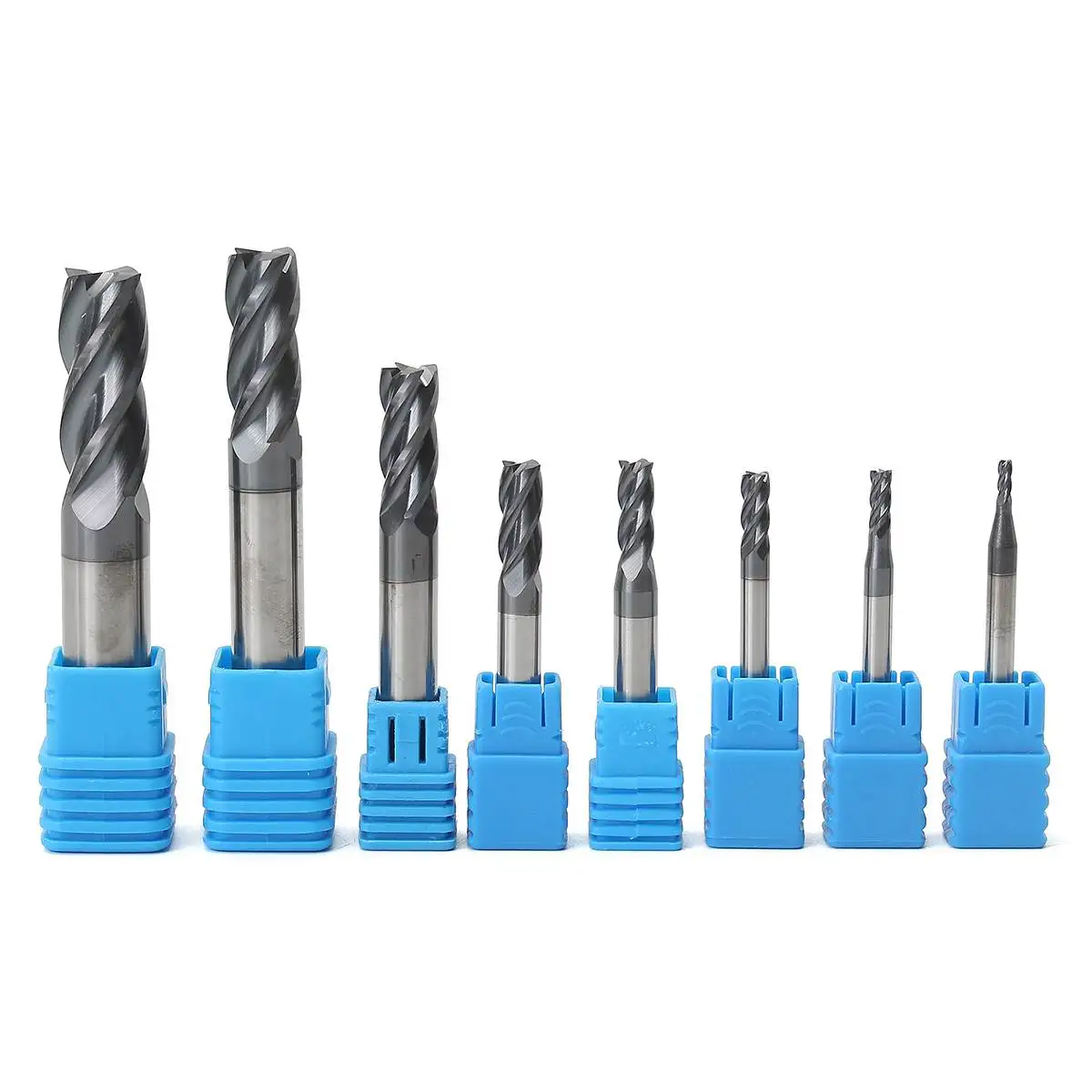 Billige 8 teile satz 4 Flöten Hartmetall schaftfräser Set Wolfram Stahl Basis Metall Fräser Werkzeug CNC 2 12mm mit Blau Fall