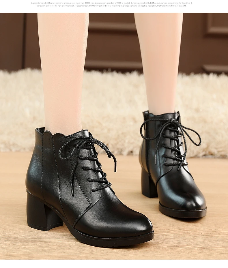 DRKANOL/черные зимние женские ботильоны из натуральной кожи; теплые ботинки с острым носком на высоком каблуке; женская зимняя обувь на толстом каблуке; H1829