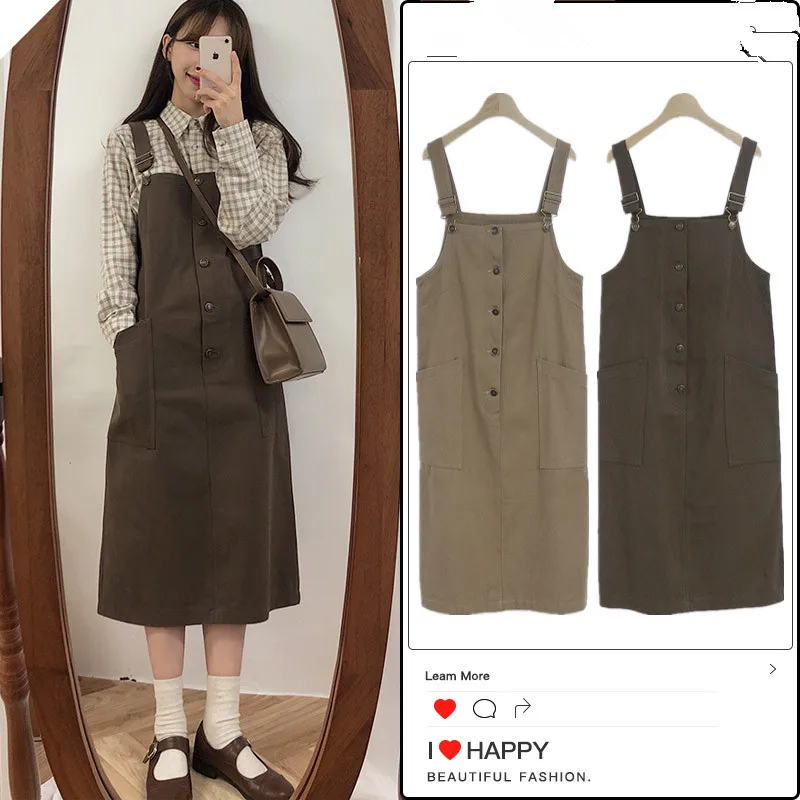 

2019 Spring preppy style retro spaghetti strap dress women single breasted dress