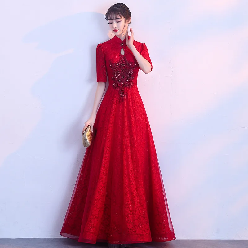 Летнее китайское традиционное платье Ципао длинное китайское вечернее платье с короткими рукавами платья подружки невесты винного цвета
