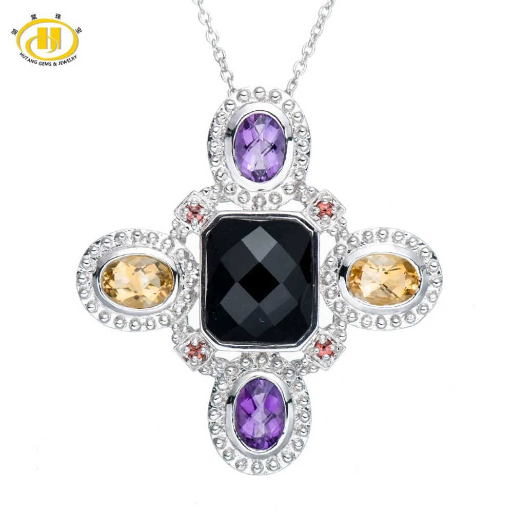 

Hutang Mix Gemstone Cross Choker Necklace Women Genuine Black Agate Citrine Amethyst Necklaces Pendants Fine Silver 925 Bijoux