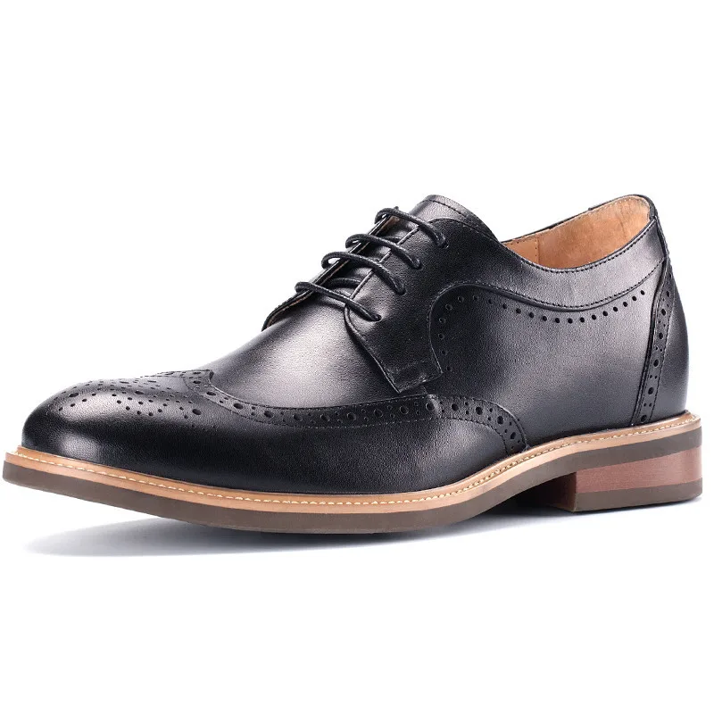 

Men Elevator Shoes Italy Craft Brogue Black Calf Leather Dress Shoe Invisible Taller 6 cm High Height Increasing Function Shoes