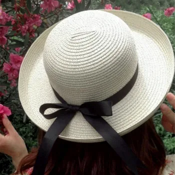 

Lady Summer Boater Sun Hats Cap Ribbon Round Flat Top Straw Beach Hat Panama Hat for Women UV Protection Cap Chapeau Femme