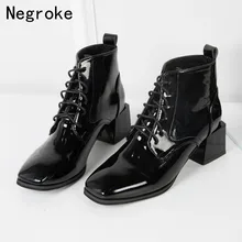 2019 Fashion Ankle Boots Women Autumn Winter Boots Shining PU Leather Square High Heels Lace-Up Women Shoes Zapatos Mujer