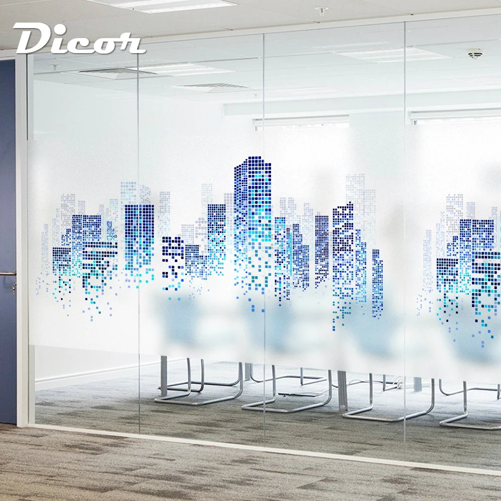 DICOR Gradient Blue Color Window Decorative Films City Building Frosted Vinyl Glass Stickers For ...