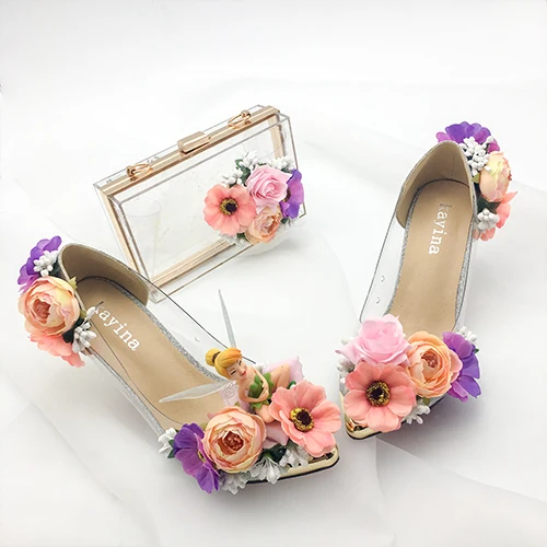 Свадебные туфли с цветами для невесты, с заостренным носком, со стразами, жемчугом, для свадебного банкета, фотосессии, для ночного клуба - Цвет: pink set fairy